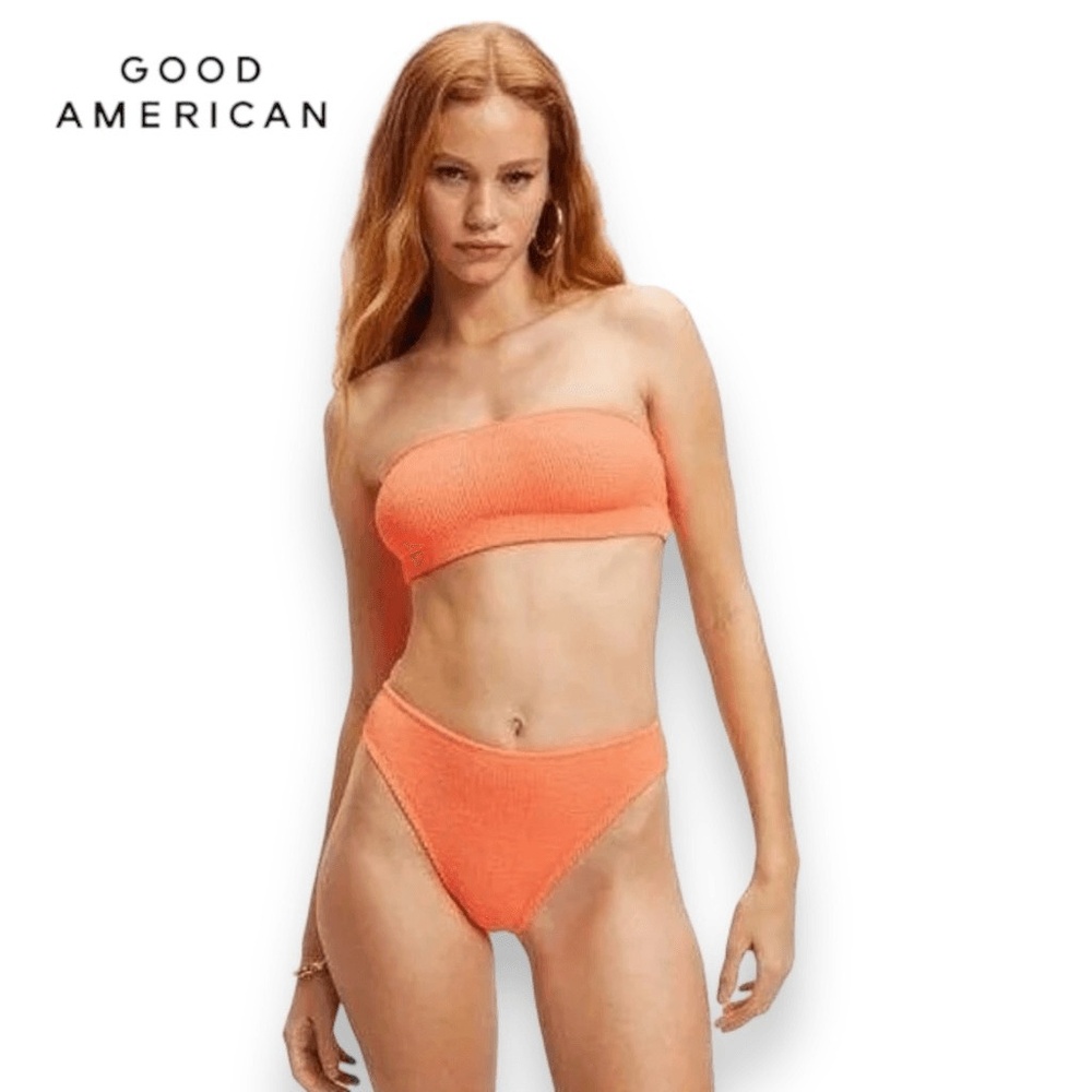 Good‎ American Basic Bandeau Bikini Top Womens 00/0 XXS/XS Orange Cream Crinkle